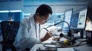 Modern Electronics Research, Development Facility: Black Female Engineer Does Computer Motherboard Soldering. Scientists Design PCB, Silicon Microchips, Semiconductors. Medium Close-up Shot